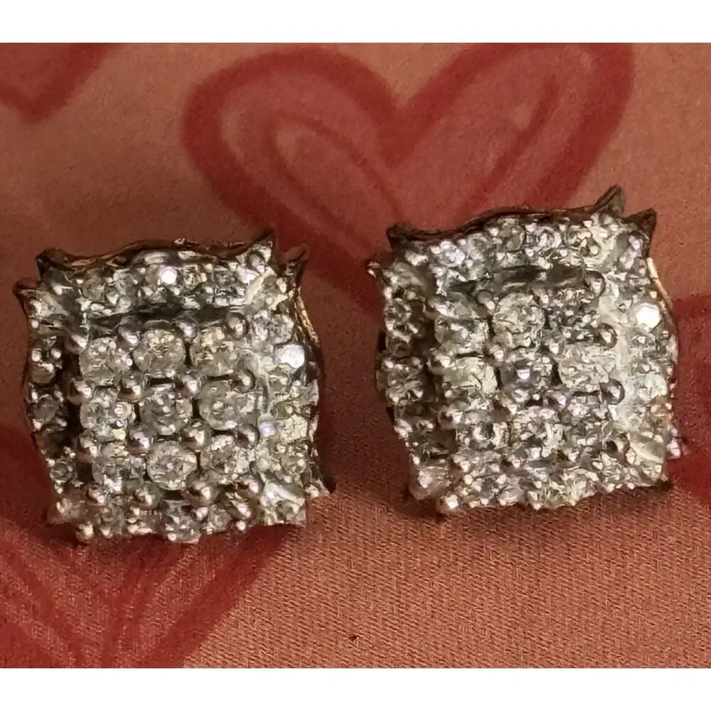 Vintage Sterling Silver 925 Pavé Diamond Square Stud Earrings Total 42 Diamonds - Picture 2 of 9